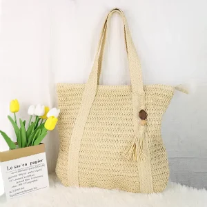 Summer Vacation Sea Beach Ladies Bucket Straw Woven Handbag Large Capacity Handmade Woven Bag Simple Shoulder Straw Bag