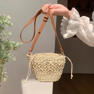 Summer Vacation Women’s Straw Woven Shoulder Bag Casual Beach Small Bucket Handbag Drawstring Crossbody Bag