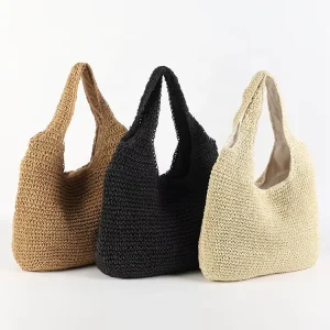 Summer Women Lady Portable Solid Color Handbag Simple Hand Crochet Paper Straw Beach Tote Bag with Zipper Closure