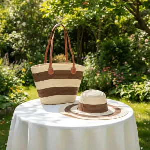 Summer Women Wide Brim Floppy Sunscreen Breath Straw Hat and Lining Shoulder Bag Set Beach Tote Purse Beach Cap
