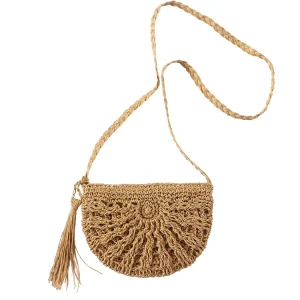 Summer Women Woven Handmade Paper Straw Bag Tassel Zipper Closure Polyester Lining Single Long Strap for Travel Beach Vacation