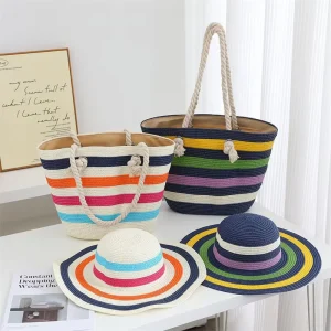 Summer Women’s Bow Big Eave Sunshade Straw Hat Beach Hat Wave Ribbon Sunshade Hat Bag Beach Vacation