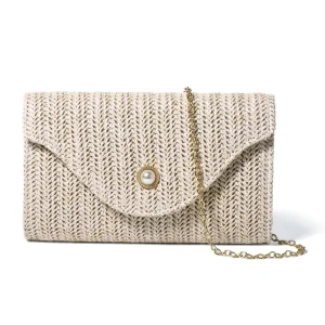 Sunny Straw Envelope Clutch Organize Hold Pearl Button Detail Summer Beach Vacation Sleek Casual Glamorous Evening Bags