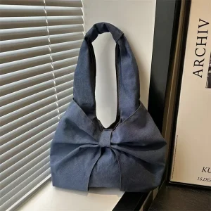 Sweet Bowknot Women’s Denim Shoulder Bags Simple Thread Design Ladies Handbags Casual Lightweight Female Underarm Tote Bag