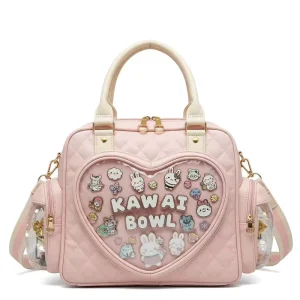 Sweet Pink Heart Ita Bag Handbag Kawaii PU Quilted Design Transparent Display Window Shoulder Bag for Cosplay Cute Streetwear