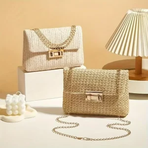 Sweet and Stylish Straw Double Headed Lock Shoulder Bag Versatile Commuting Chain Crossbody Bag