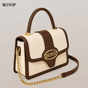 T 250 Women’s Beige Brown Color Block Satchel Handbags Fashion Top Handle Crossbody Bag Zipper Waterproof Leather