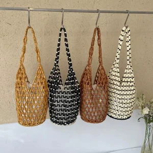 Thailand Wooden Bead Woven Hand Bag for Holiday Travels Date Hollow-out Tote Bag Vietnam Handmade Beaded Shoulder Bag for Women