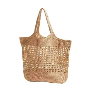 Toolya French Women’s Woven Straw Tote Bag Open Closure Solid Color Polyester Lining All Seasons Beach Travel Accessory