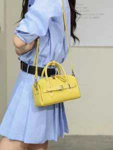 Top Grain Calfskin Leather Bowling Bag Women Shoulder Crossbody Underarm Handbag