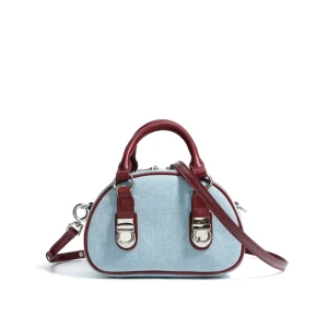 Top Layer Cowhide with Denim Bun Bag High grade Zipper Retro Shoulder Messenger Bag Mini Handbag