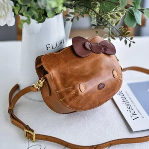 Top Layer Vegetable Tanned Cowhide Genuine Leather Vintage Cartoon Soft Small Shoulder Crossbody Bag Cute Cotton