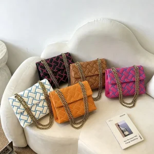Trending Fashion Contrast Stitching Woven Pattern Flap Bag Luxury Designer Lady Two Gold Chain Water Resistant Portable