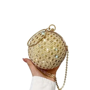 Trendy Chain Evening Bag New Arrival Gold Ball High End Glamorous Crystal Studded Chic Shoulder Crossbody Bag Polyester