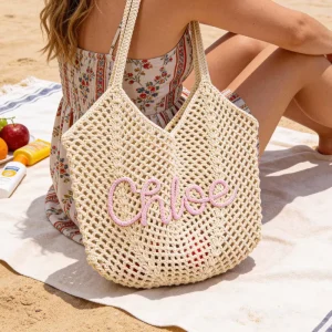 Trendy Custom Name Embroidered Crochet Beach Bag Hollow Woven Straw Summer Shoulder Bag for Bachelorette Trip Gift for Her