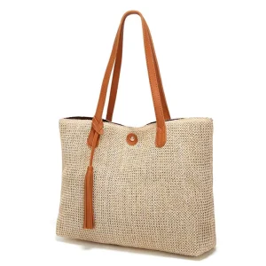 Trendy Fashion Girls Leather Handles Tote Bag Ladies Summer Beach Straw Handbags for Women