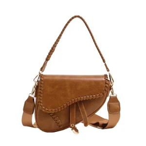 Trendy Fashion Solid Leather Saddle Bag Vintage Crossbody Bags for Women Satchel Handbags