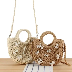 Trendy Half Moon Woven Straw Beach Bag Women’s Boho Crossbody Tote for Summer Vacation Travel