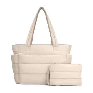 Trendy Ladies’ Puffer Tote Handbag Women’s Polyester Nylon Puffy Shoulder Bag with Letter Pattern Design