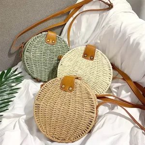 Trendy Ladies’ Shape Straw Bag Genuine Leather Shoulder Belt Geometric Fashion for All Seasons Summer Winter Spring Autumn