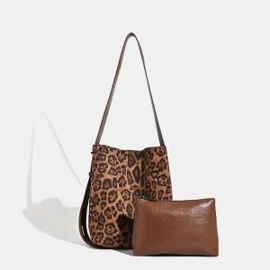 Trendy Leopard Print Shoulder Bag PU Material Handle Bucket Bag Vintage Suede Women’s Shoulder Bags Large Capacity Handbag