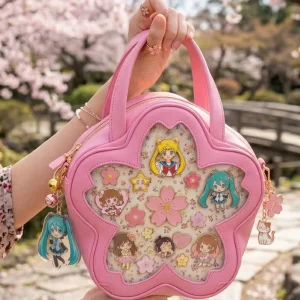 Trendy Pink Sakura Shaped Ita Bag Clear PVC Display Window PU Handbag for Students Festivals Fandom Enthusiasts