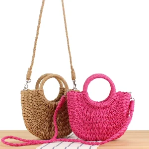 Trendy Products Straw Hand Bags for Women Woven Crossbody Bag Small Round Summer Straw Beach Bag with Handle