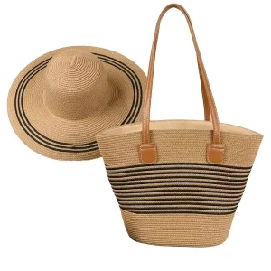 Trendy Straw Bags with Hat Customized LOGO Straw Tote Multi color Paper Straw Beach Tote with Hats Sets for Summer
