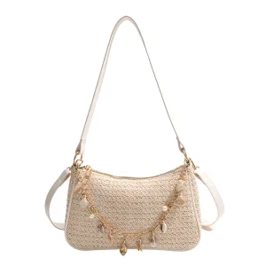 Trendy Straw Knit Underarm Bag Women Chic Chain Crossbody Purse Versatile Daily Casual Fashion Handbag