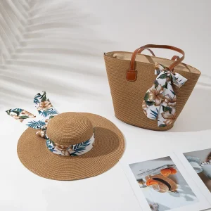 Trendy Straw Lined Woven Tote Bag and Hat Set