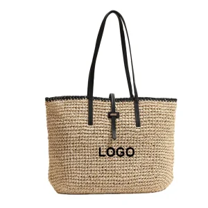 Trendy Style Straw Handbags Large Capacity Shoulder Bag PU Strap Woven Summer Beach Tote for Women