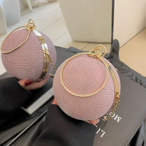 Trendy Women’s Round Shape Chain Bling Evening Clutch Bag for Dinner Party Handbag Purse