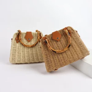 Trendy Women’s Straw Crossbody Handbag Summer Fashionable Woven Tote with Bamboo Handle Portable for Autumn and Spring Season