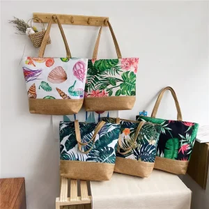 Tropical Plant Printed Canvas Shoulder Beach Bags Ladies Large Capacity Tote Bag Casual Women Handbags for Shopping