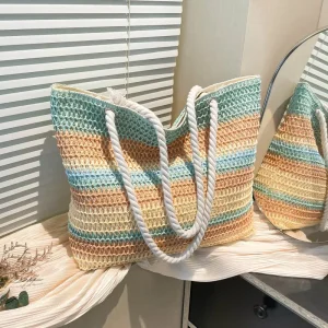 Two Strap Zipper Closure Shoulder Bag for Women Rainbow Striped Color Block Straw Large Capacity Beach Holiday