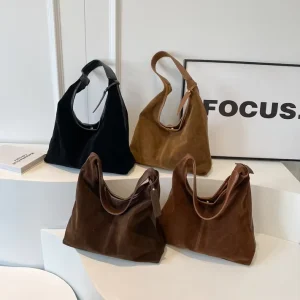 Two Tone Rivet Button Waterproof Suede Leather Women’s Hobo Tote Bag Shoulder Strap Large Capacity Brown Handbag