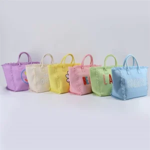 USA Warehouse Free Shipping Multicolor Embroidery Patch Tassel Beach Bag Travel Bag Blank Cotton Canvas Fringe Beach Tote
