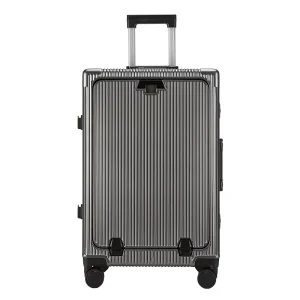 USB Charging Carry On Luggage Aluminum Frame Suitcase Front Open Cup Holder Spinner Wheels Password Lock