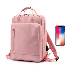 USB Charging Waterproof Women’s Backpack with Zipper Closure England Style Laptop Bag for School Use