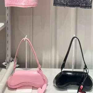 Unique Wave Shape Patent Leather Shoulder Bag Women Glossy Structured Saddle Handbag Silver Logo Crossbody