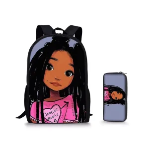 Unisex Cute Beautiful Girl Two-Piece Zipper Closure Student Backpack Set Fashion Style Waterproof Polyester Pencil Bag