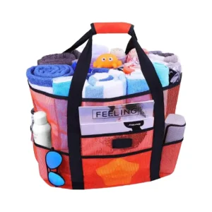 Unisex Large Beach Tote Bag with Cover Closure Durable Summer Dot Pattern Dual Handle Mesh Beach Bag
