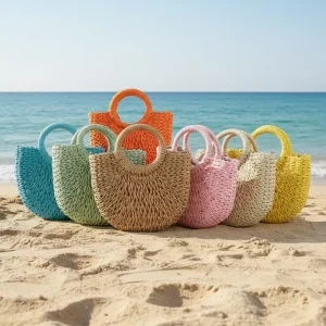 Vacation Beach Paper Rope Straw Handbag Mini Straw Basket Purse Girls Straw Bag Woven Beach Purse With Handle Strap