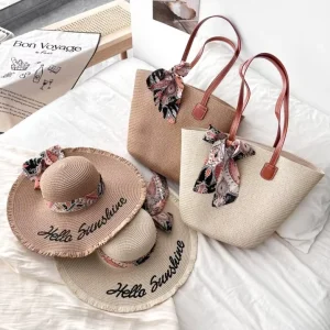 Vacation Straw Hat Bag Set Seaside Vacation Fashion Versatile Sunscreen Sun Hat Travel Large Capacity Tote Bag