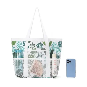 Vacation Style Sandy Beach Bag Multiple Pockets Foldable Large Capacity Water Resistant Nylon Mesh Tote Bag for Seaside Storage