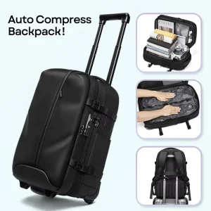 Vacuum Trolley Backpack with Rolling Wheels Laptop Backpack USB Port Detachable Air Bag Auto Compress Travel Trolley Backpack
