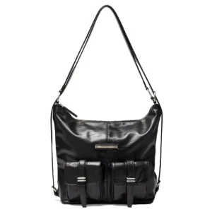 Versatile Double Pocket Two Way Shoulder Bag Black Multi Functional Genuine Leather Crossbody Purse for Women