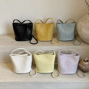 Versatile Mini Woven PU Lady Fashion Bucket Bag Casual Crossbody Bag for Work Shopping Dating