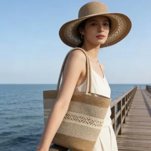 Versatile Woven Straw Bag Set with Zipper Closure Two Straps Summer Sun Hat Travel Vacation Shoulder Tote Bag Simple Fashion