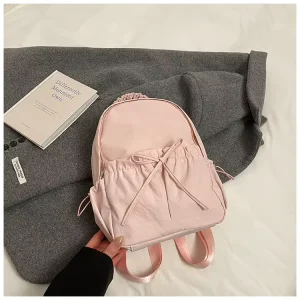 Versatile and Artistic Women’s Bag Fashionable Solid-color Travel Small Backpack Bow Nylon Backpack Student Double Backpack